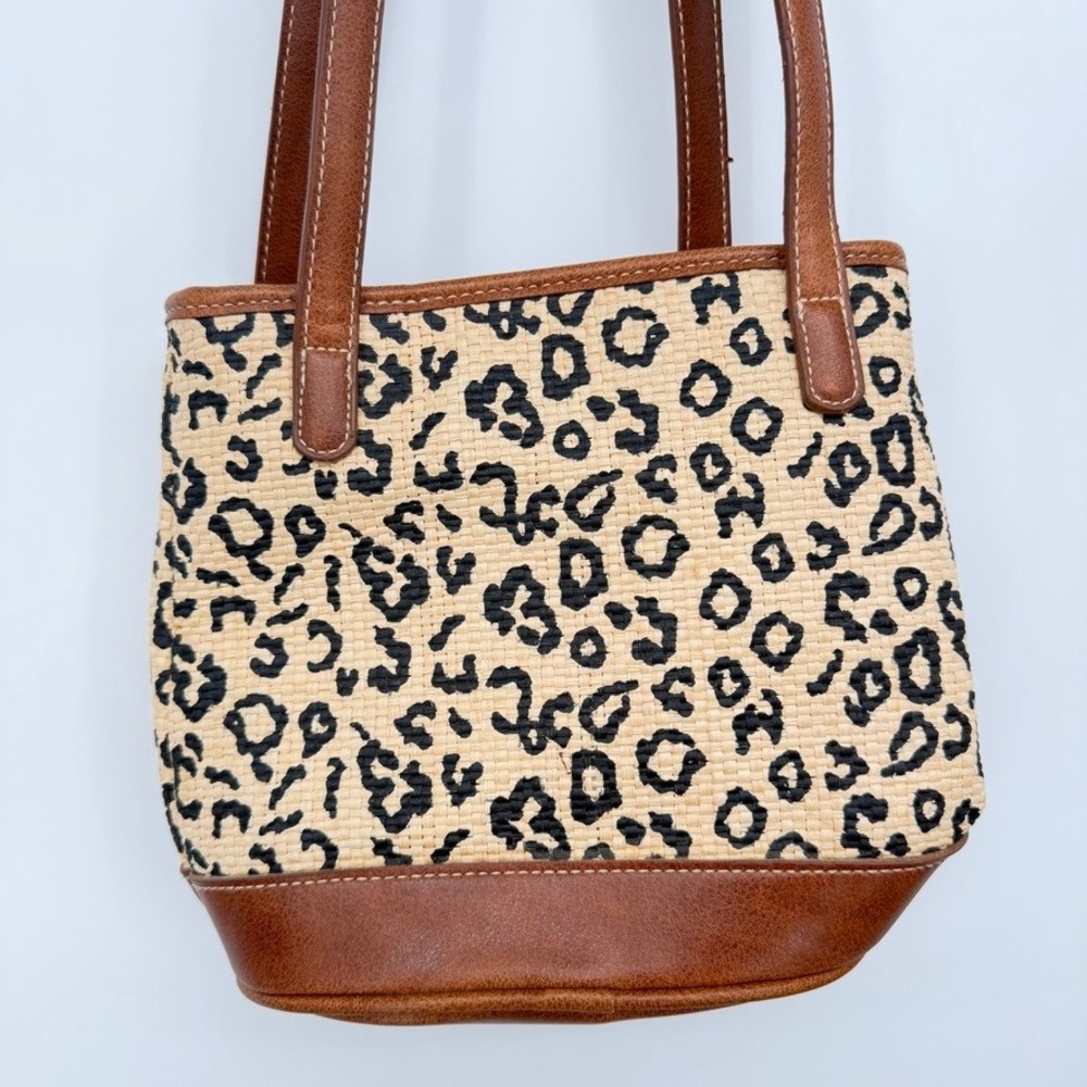 Liz Claiborne Shoulder Bag Leopard Print Straw Woven Brown Tan Small - Picture 2 of 14